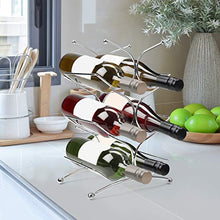 Load image into Gallery viewer, stainless steel metal wine bottle countertop rack - holds 6 bottles - 3 tier free standing table top holder shrine for storage and display - for kitchen, pantry, cellar and shelf
