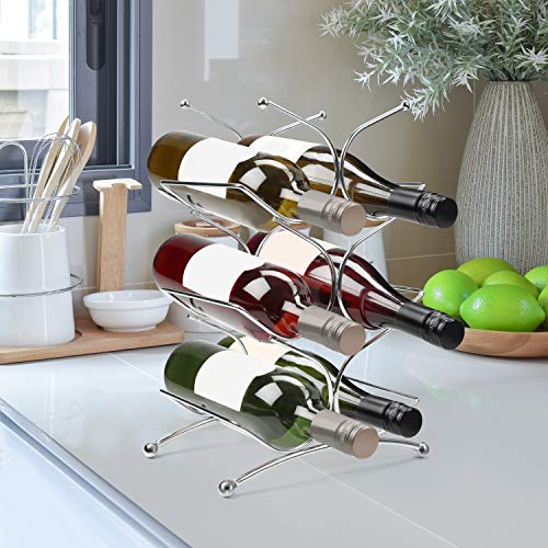 stainless steel metal wine bottle countertop rack - holds 6 bottles - 3 tier free standing table top holder shrine for storage and display - for kitchen, pantry, cellar and shelf