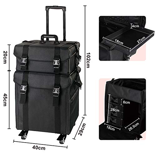 professional extra large 2 in 1 cosmetic trolley beauty hairdressing case vanity box oxford fabric makeup artist train case on exchangeable universal wheels with tow removable shoulder strap, black