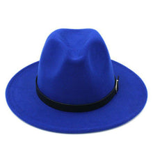 Load image into Gallery viewer, wide brim panama fedora hat with belt buckle that is unisex-blue
