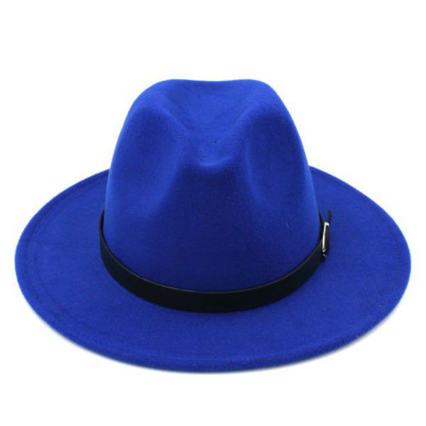 wide brim panama fedora hat with belt buckle that is unisex-blue