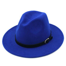 Load image into Gallery viewer, wide brim panama fedora hat with belt buckle that is unisex-blue
