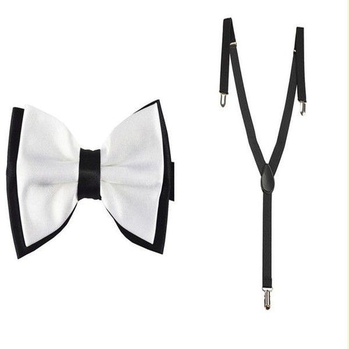 black and white bowtie bow tie with a black suspendor