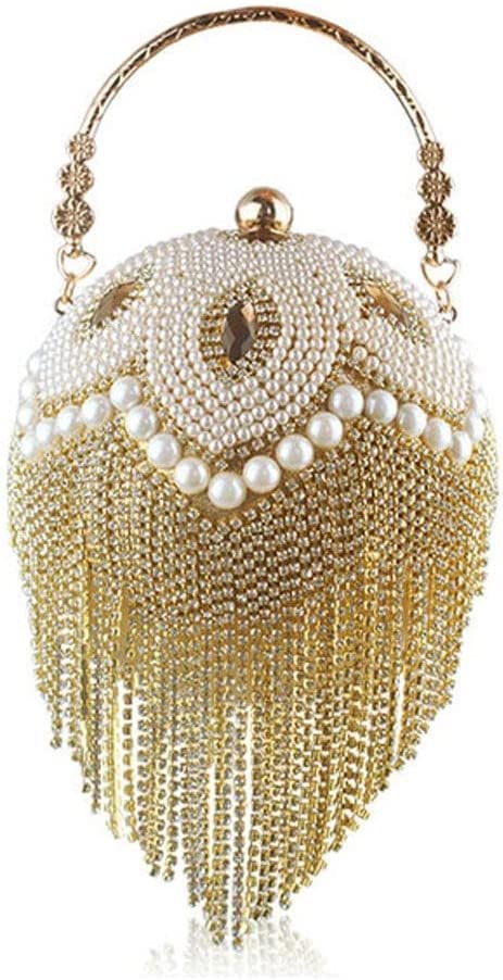 Tassel Pearl Beaded Crystal Party Evening Bag Wedding Round Ball Wrist Bag Round Clutch Purse Handbag (Color : Silver, Size : One Size)