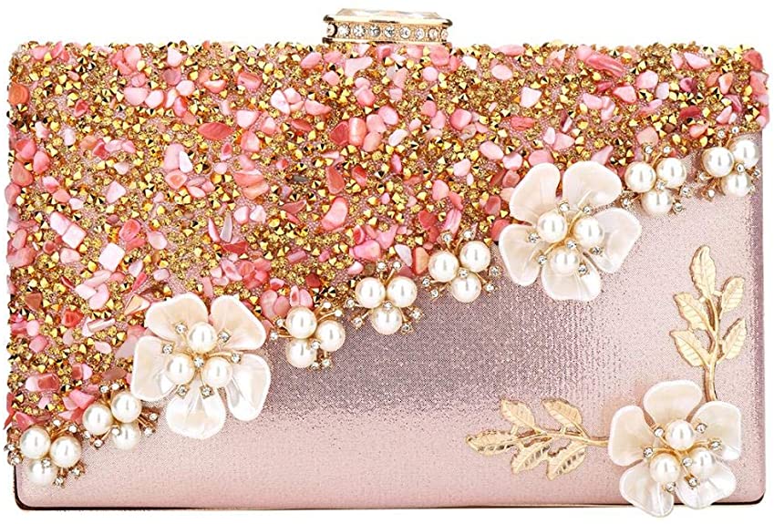 clutch bag for women, floral crossbody bag evening bag purses glitter rhinestone flower cocktail wedding handbags (rose gold)