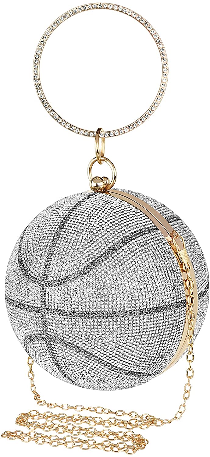 women evening basketball rhinestone clutch bags party wedding shoulder ring handle crossbody bag (silver)