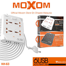 Load image into Gallery viewer, moxom kh-63 power strip 4 universal socket with 6 usb output 3.4a &amp; 1.5m uk plug
