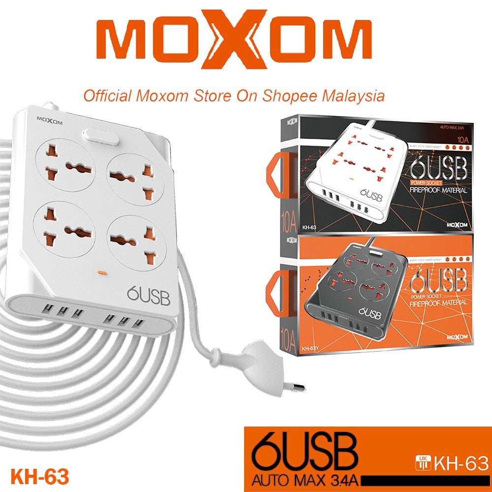 moxom kh-63 power strip 4 universal socket with 6 usb output 3.4a & 1.5m uk plug