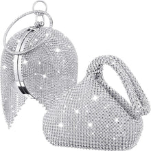 Load image into Gallery viewer, 2 pieces women&#39;s triangle clutch bling glitter evening bag round ball crystal tassel purse shoulder rhinestone purse

