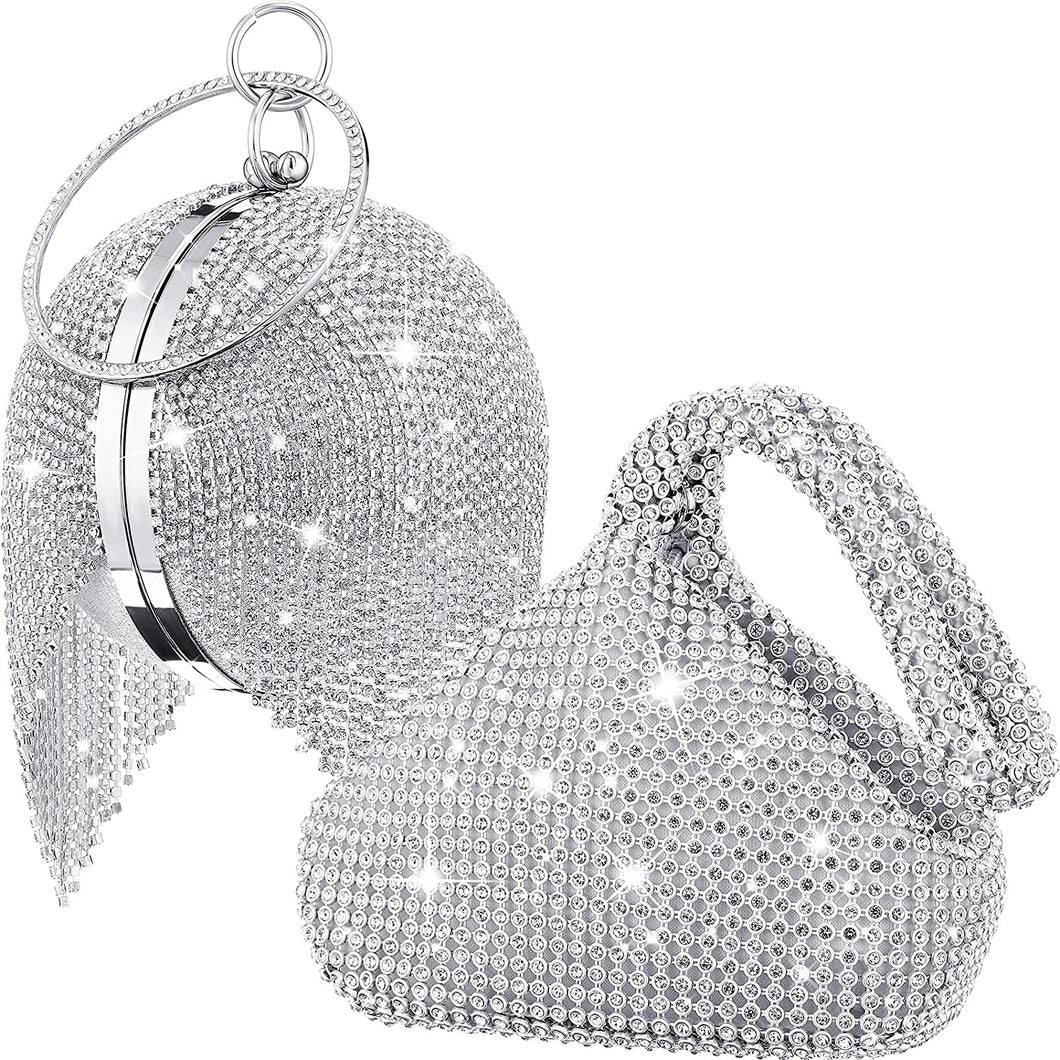 2 pieces women's triangle clutch bling glitter evening bag round ball crystal tassel purse shoulder rhinestone purse
