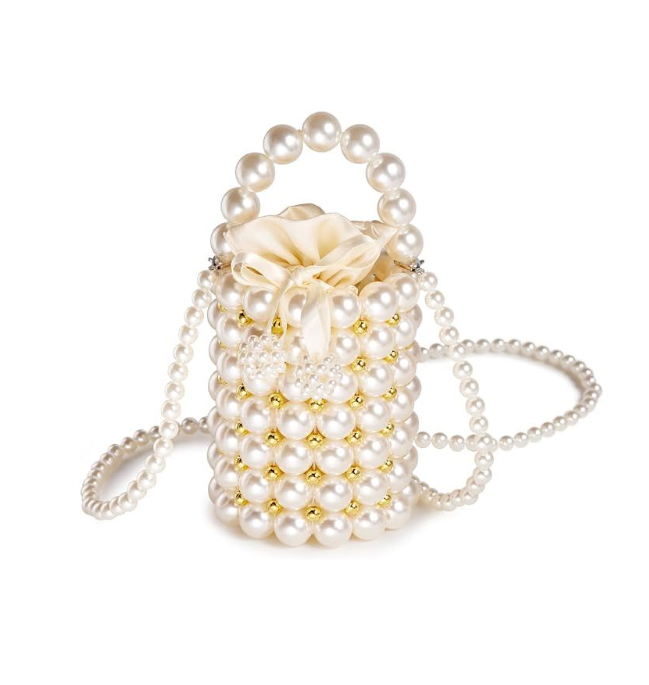 Women's Pearls Purses Beaded Clutches Bucket Handbag with Detachable Chain