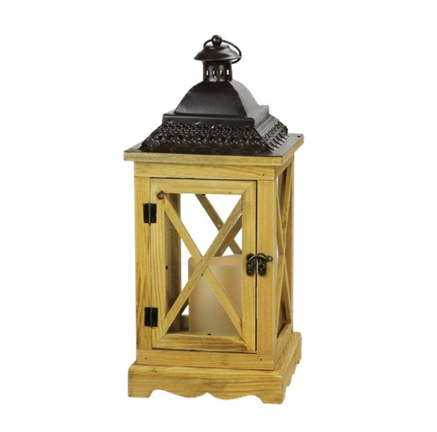 Rustic Wooden Lantern with Brown Metal Top Candle with Timer