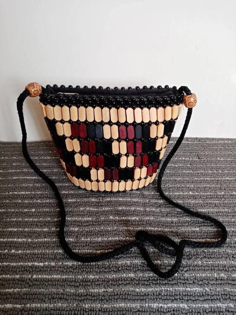 African wooden beads crossbody bag, African small bag, Beaded handbag, African woven bag, Summer bag, Mom gift, Woven shoulder bag