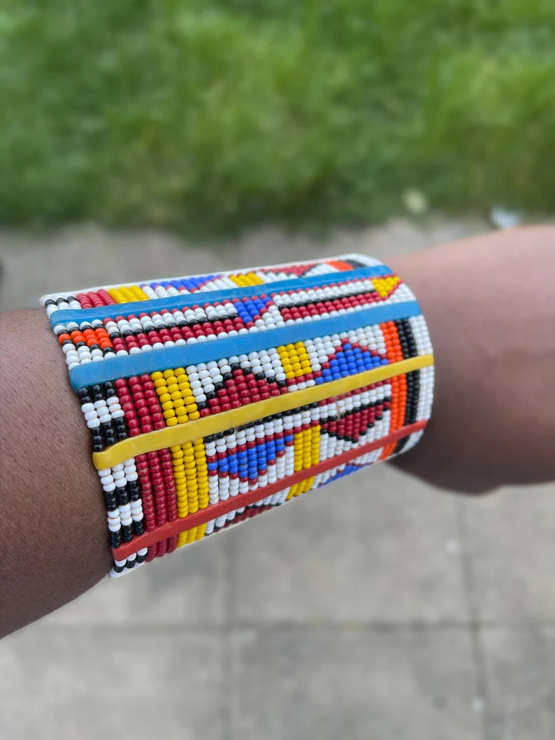 Authentic Multicoloured African Tribal Beaded Maasai Ethnic Cluster Cuff Bangle Bracelet