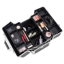 Load image into Gallery viewer, black metal make up vanity case cantilever storage box proffesional make up organiser travel
