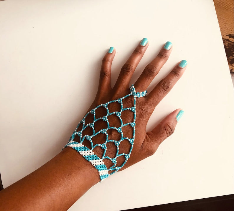 african zulu lace beaded gloves |blue| white| sky blue