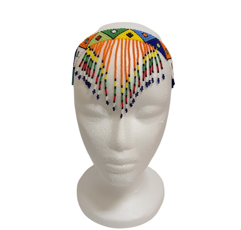 multi coloured tassel beaded zulu choker. tribal tassel headband orange
