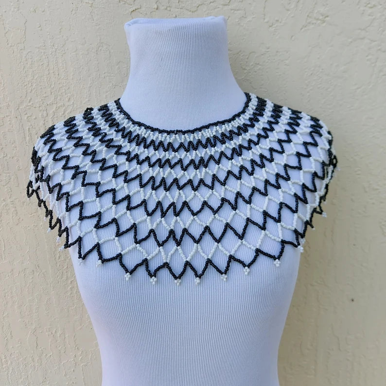 Beaded black and white Zulu bib necklace. Tribal necklace for women