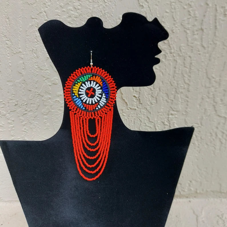 Red Beaded Zulu earrings. Tribal earrings