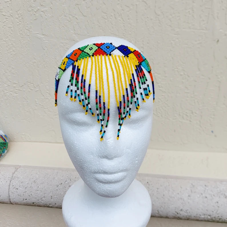 Yellow beaded Zulu tassel necklace/headband. Tribal Zulu women Jewelry.