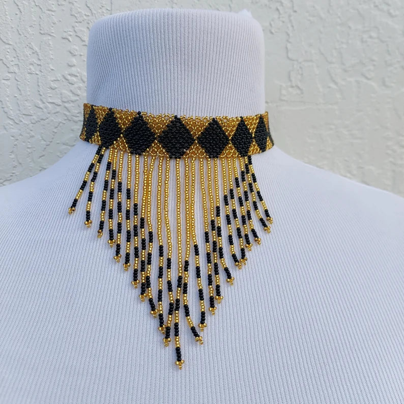 Gold and Black Tassel Beaded Zulu Choker. Tribal tassel headband