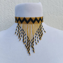 Load image into Gallery viewer, Gold and Black Tassel Beaded Zulu Choker. Tribal tassel headband
