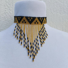 Load image into Gallery viewer, Gold and Black Tassel Beaded Zulu Choker. Tribal tassel headband

