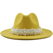 Load image into Gallery viewer, wide brim fedora panama hat with pearls for men and women-yellow

