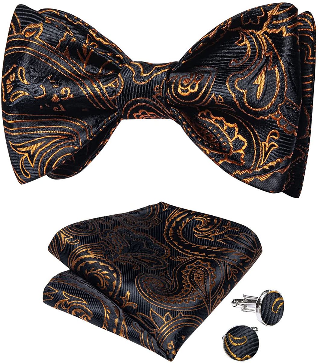 Men's Silk Bow Tie Cufflinks And Pocket Square Set In Black And Gold