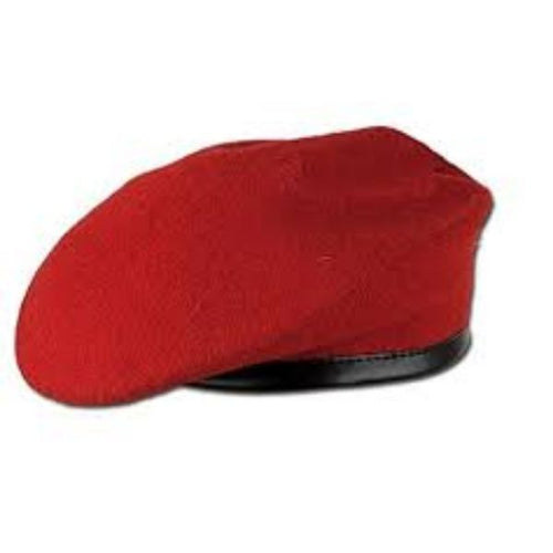 100% red wool beret with leather trim