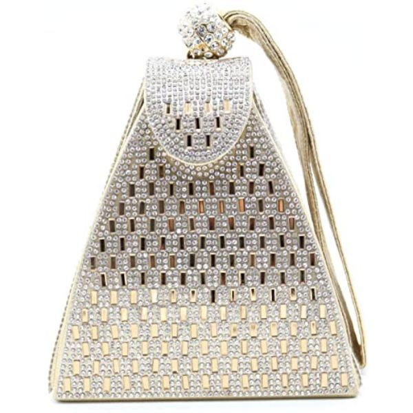 women's small pyramidal shape shiny clutch handbag gold