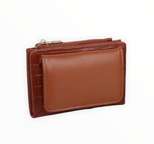 Load image into Gallery viewer, pu crocodile textured leather bi fold wallet snap closure with zip brown
