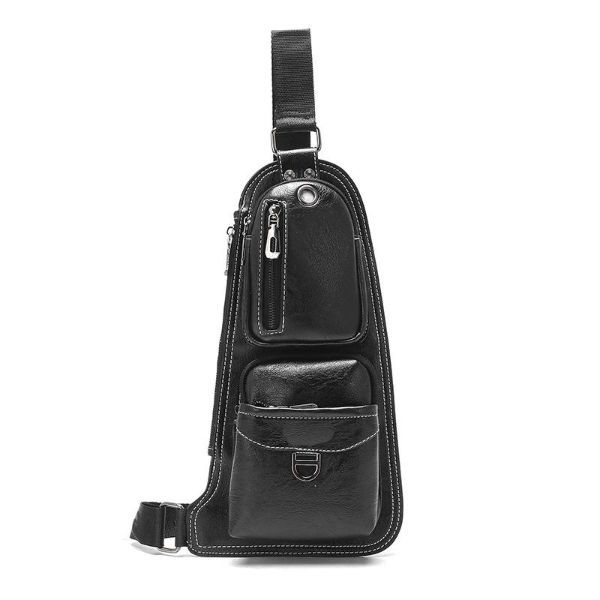 leather sling chest crossbody shoulder bag - black