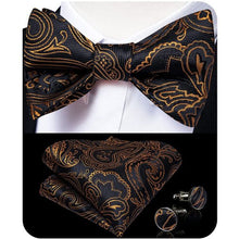 Load image into Gallery viewer, Men&#39;s Silk Bow Tie Cufflinks And Pocket Square Set In Black And Gold
