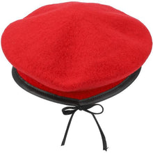 Load image into Gallery viewer, 100% red wool beret with leather trim
