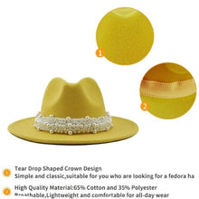 Load image into Gallery viewer, wide brim fedora panama hat with pearls for men and women-yellow
