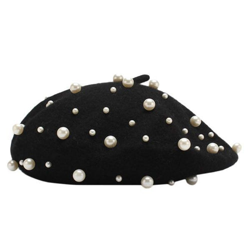 winter pearl beret hat for women black