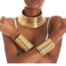 Load image into Gallery viewer, gold necklace and 2 cuffs for women

